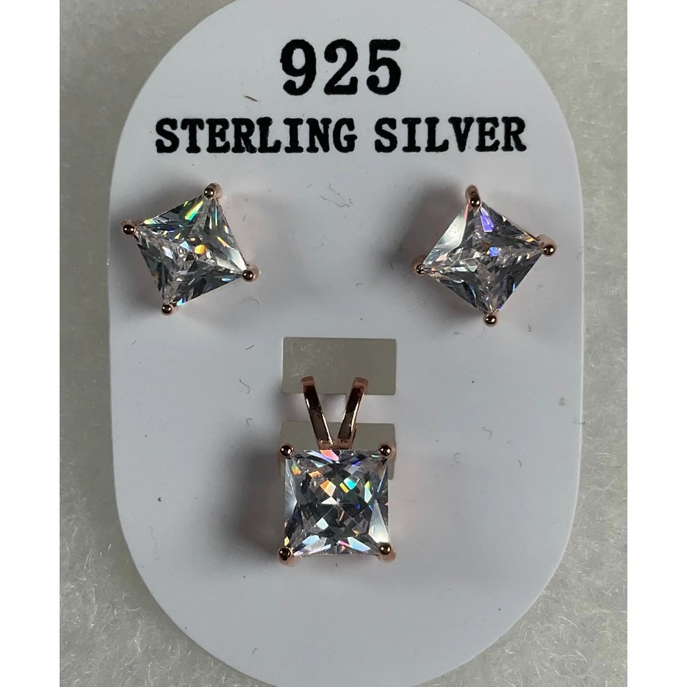 925 Sterling Silver Earrings & Pendant Set Rose‎ Gold Finish Clear CZ  Stone